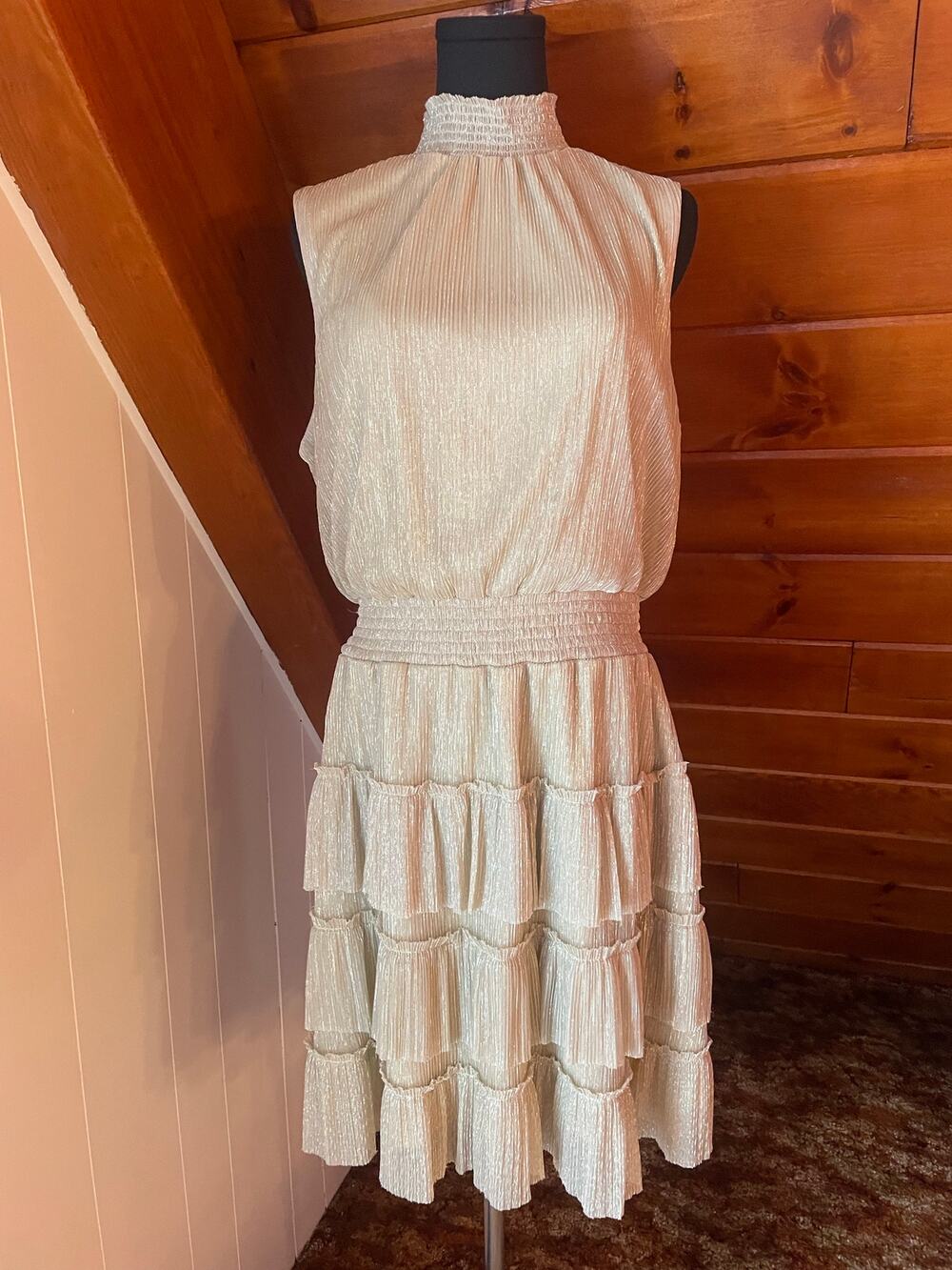 1 State Gold Metallic Tiered Ruffle Mini Dress sz XL